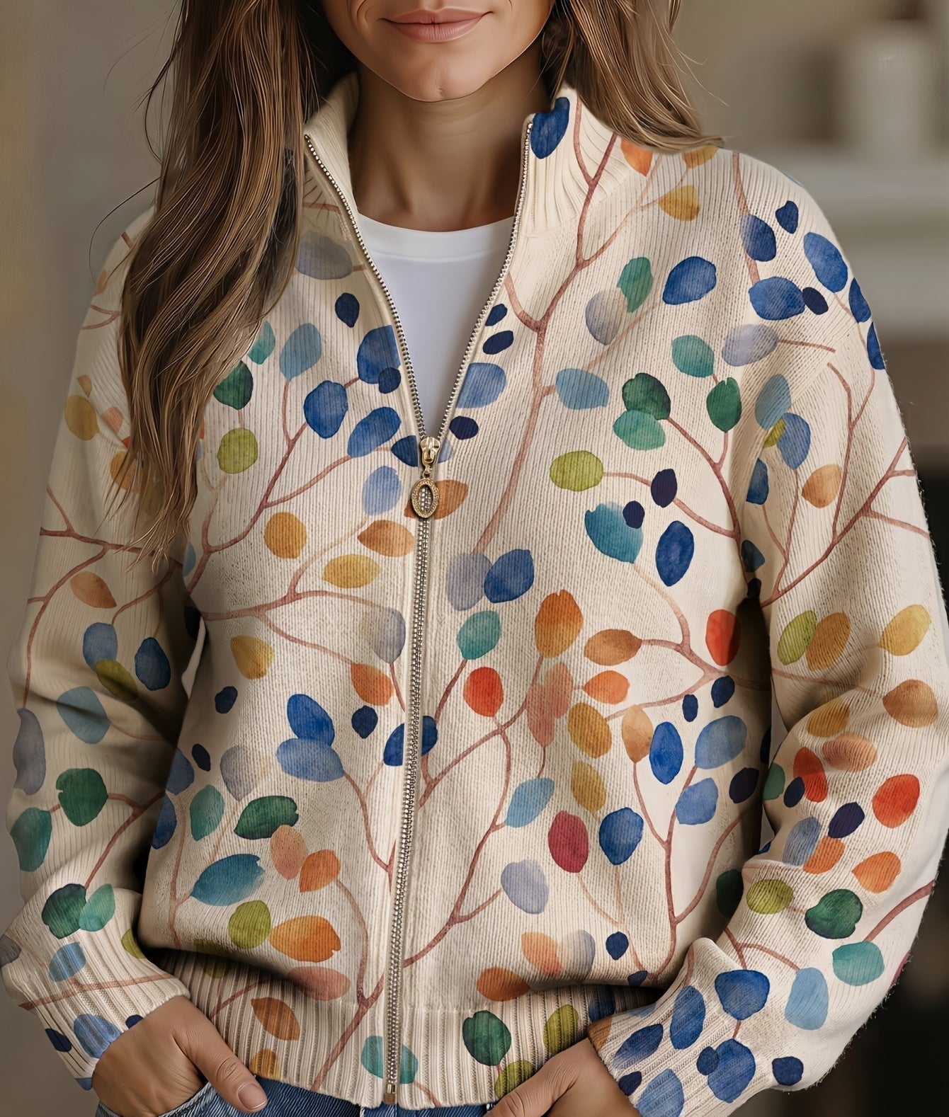 Imogene™ | Botanical Leaf Print Zip Cardigan – Vivian & Pearl Newport