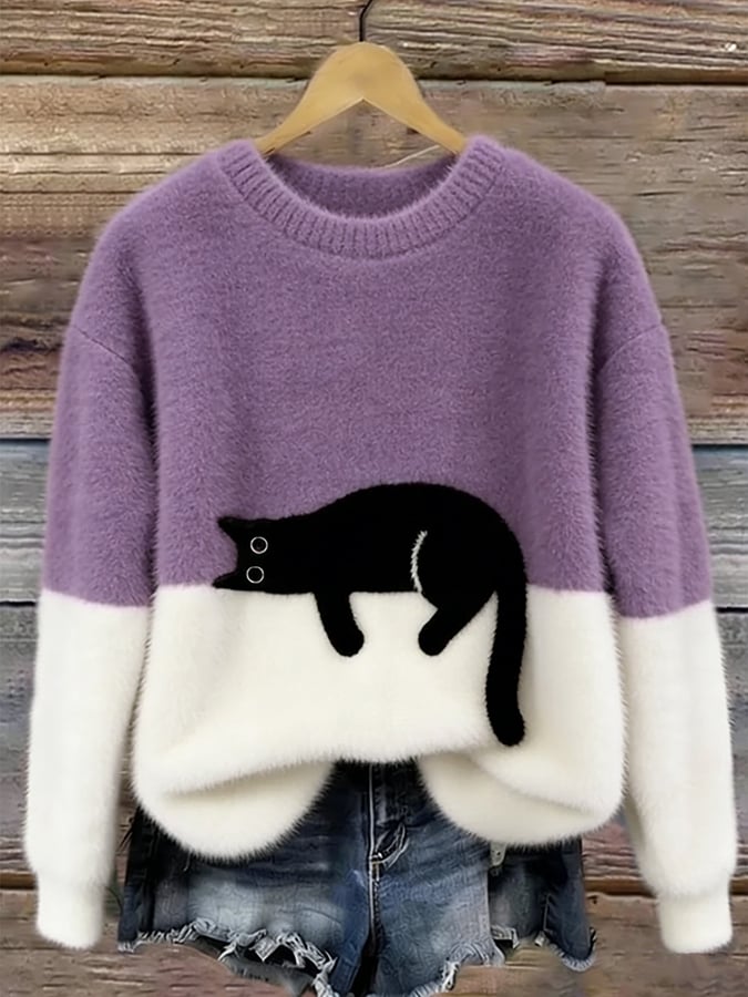 Aileen Elegant Cat Print Oversized Sweater