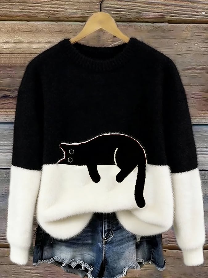 Aileen Elegant Cat Print Oversized Sweater