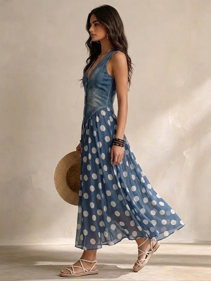 Jasmin Denim Dress With Polka Dot Chiffon Skirt