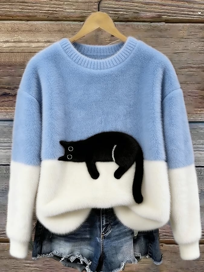 Aileen Elegant Cat Print Oversized Sweater