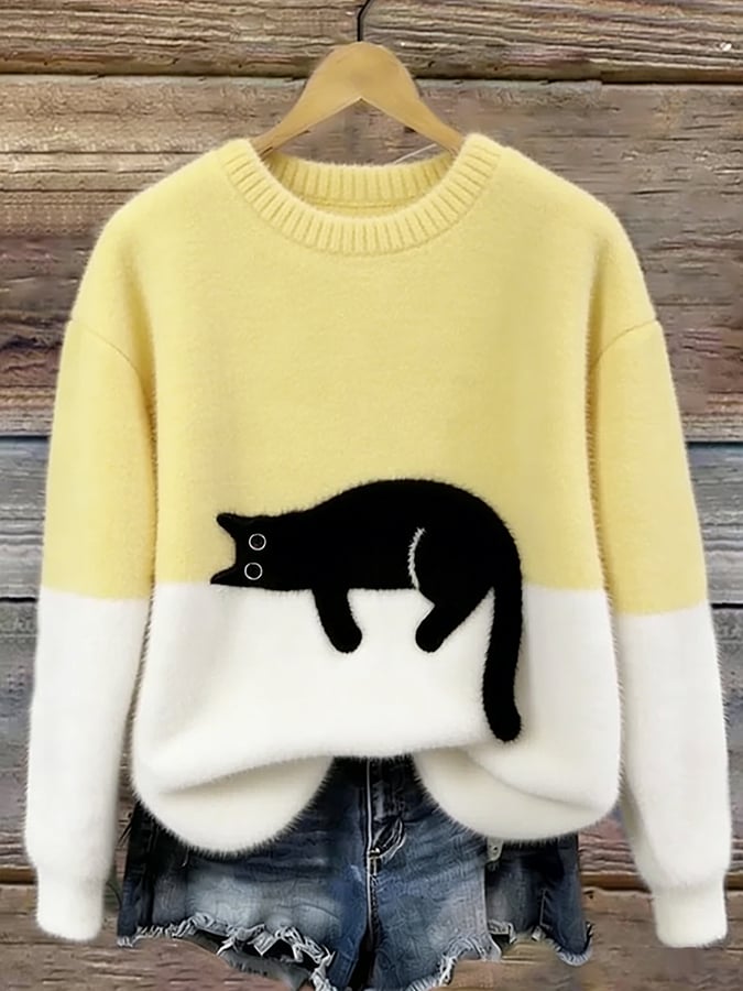 Aileen Elegant Cat Print Oversized Sweater