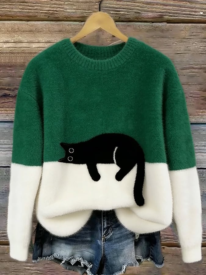 Aileen Elegant Cat Print Oversized Sweater