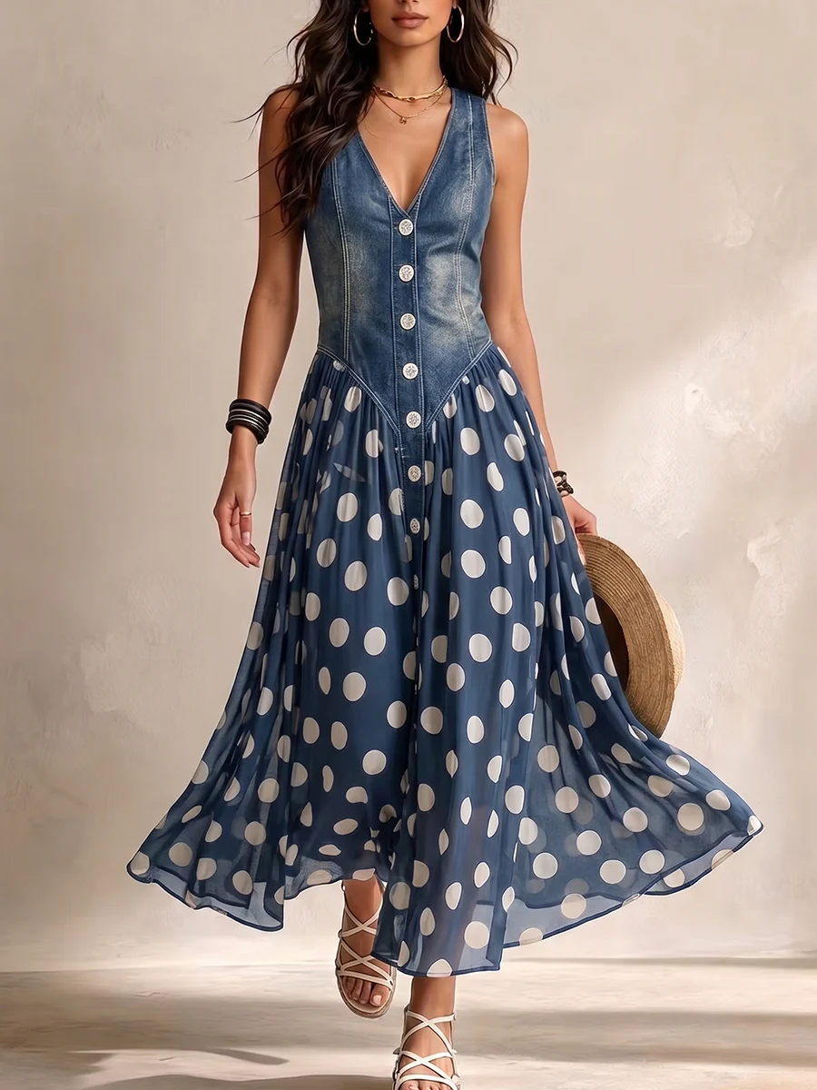 Jasmin Denim Dress With Polka Dot Chiffon Skirt