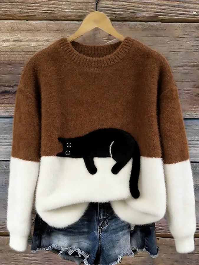 Aileen Elegant Cat Print Oversized Sweater