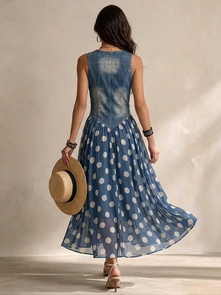 Jasmin Denim Dress With Polka Dot Chiffon Skirt