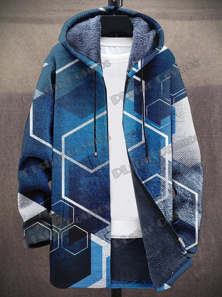 Kat Gradiënt Kunst Patronen Retro 3d Bedrukt Heren Mode Pluche Dikke Capuchon Jas Winter Casual Warme Rits Jas Cm06