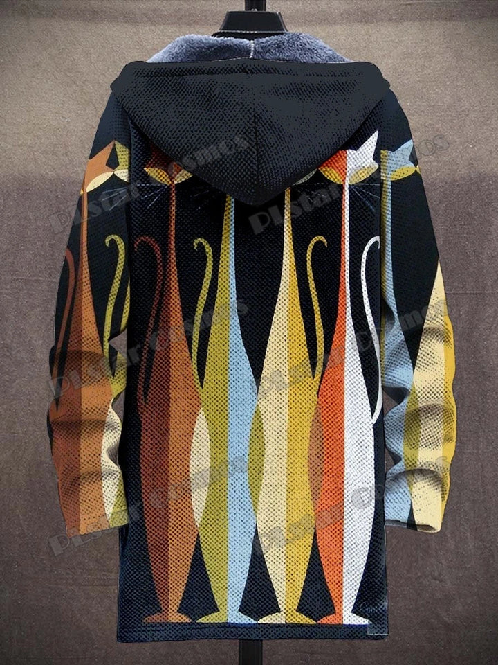 Kat Gradiënt Kunst Patronen Retro 3d Bedrukt Heren Mode Pluche Dikke Capuchon Jas Winter Casual Warme Rits Jas Cm06