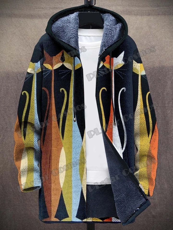 Kat Gradiënt Kunst Patronen Retro 3d Bedrukt Heren Mode Pluche Dikke Capuchon Jas Winter Casual Warme Rits Jas Cm06