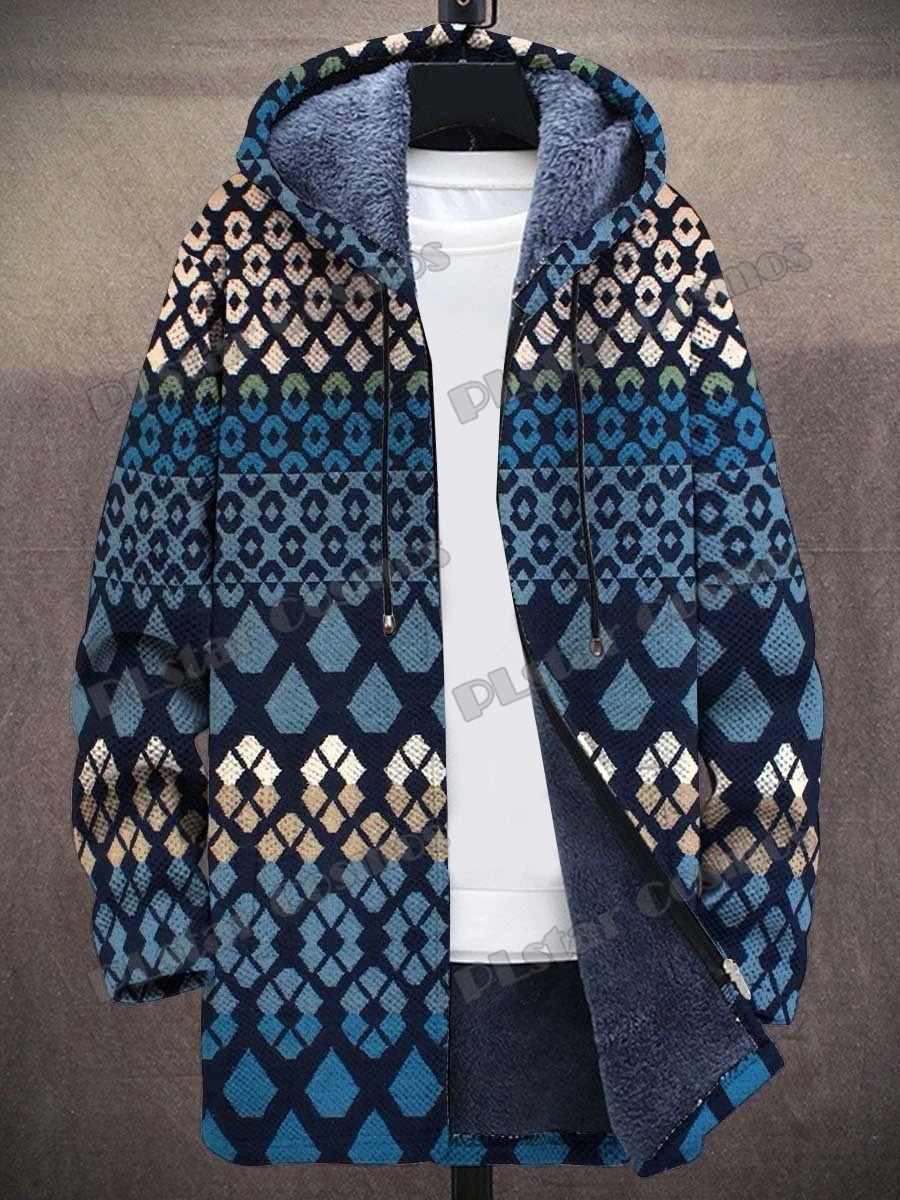 Kat Gradiënt Kunst Patronen Retro 3d Bedrukt Heren Mode Pluche Dikke Capuchon Jas Winter Casual Warme Rits Jas Cm06