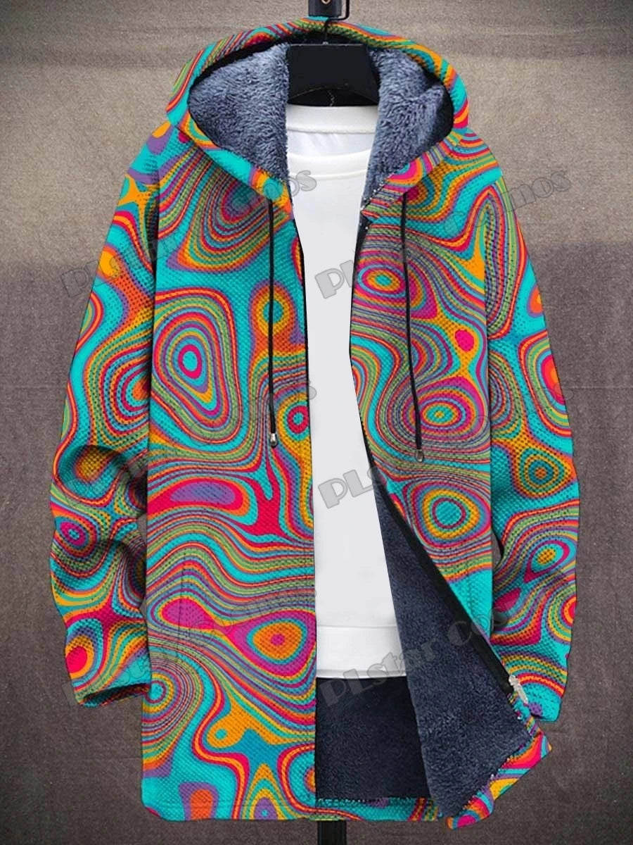 Kat Gradiënt Kunst Patronen Retro 3d Bedrukt Heren Mode Pluche Dikke Capuchon Jas Winter Casual Warme Rits Jas Cm06