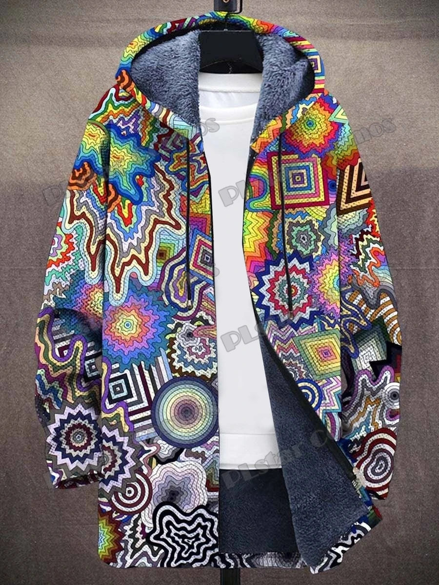 Kat Gradiënt Kunst Patronen Retro 3d Bedrukt Heren Mode Pluche Dikke Capuchon Jas Winter Casual Warme Rits Jas Cm06