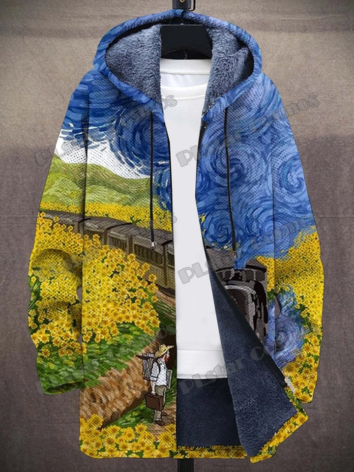 Kat Gradiënt Kunst Patronen Retro 3d Bedrukt Heren Mode Pluche Dikke Capuchon Jas Winter Casual Warme Rits Jas Cm06