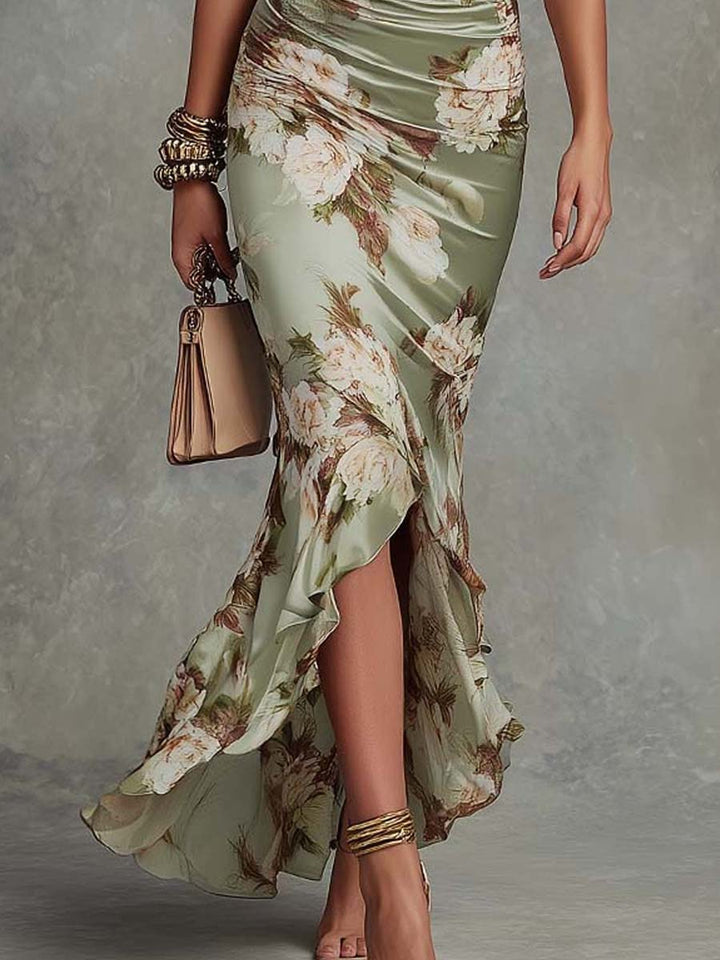 Anna | Asymmetrical Long Dress with V-Neck, Flared Puff Sleeves, and Floral Pattern