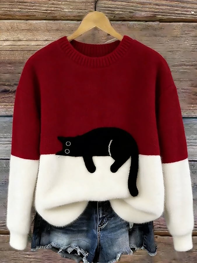 Aileen Elegant Cat Print Oversized Sweater