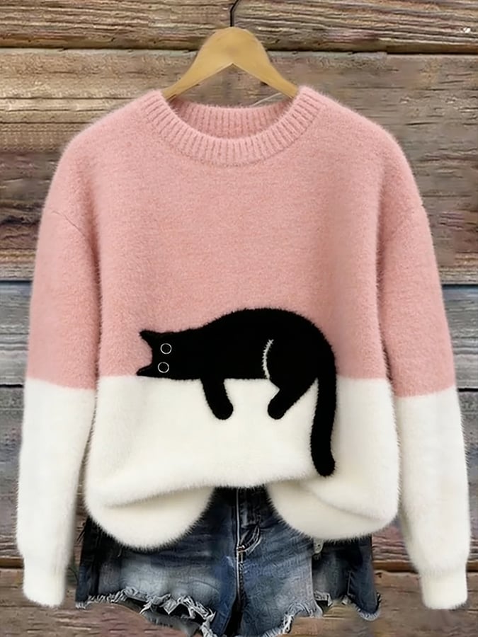 Aileen Elegant Cat Print Oversized Sweater