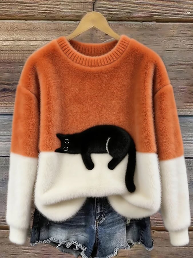 Aileen Elegant Cat Print Oversized Sweater