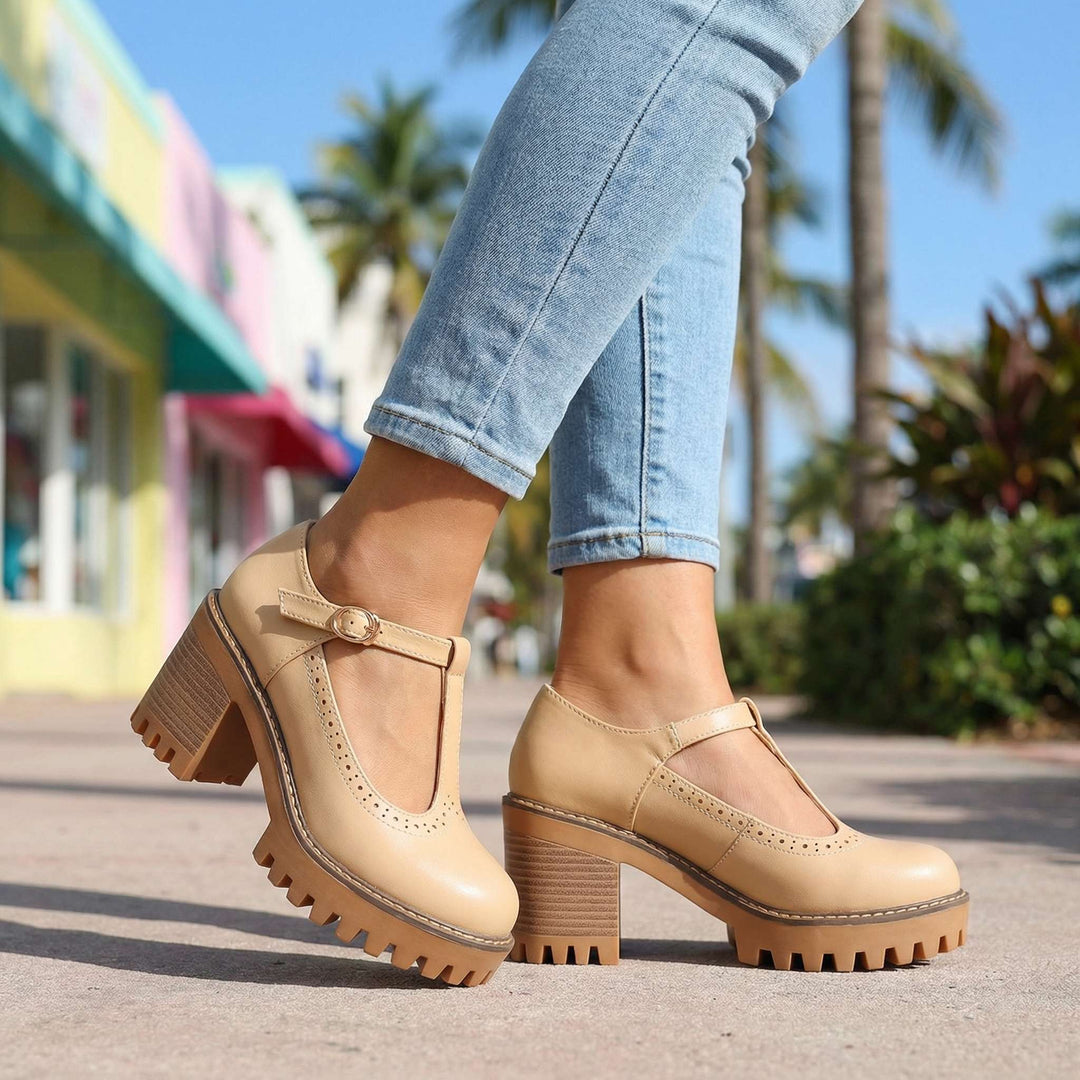 Jasmine Chunky T-Strap Mary Jane Heels Khaki