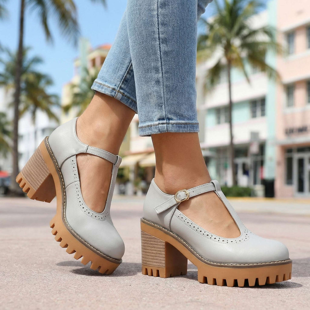 Jasmine Chunky T-Strap Mary Jane Heels Mist Blue