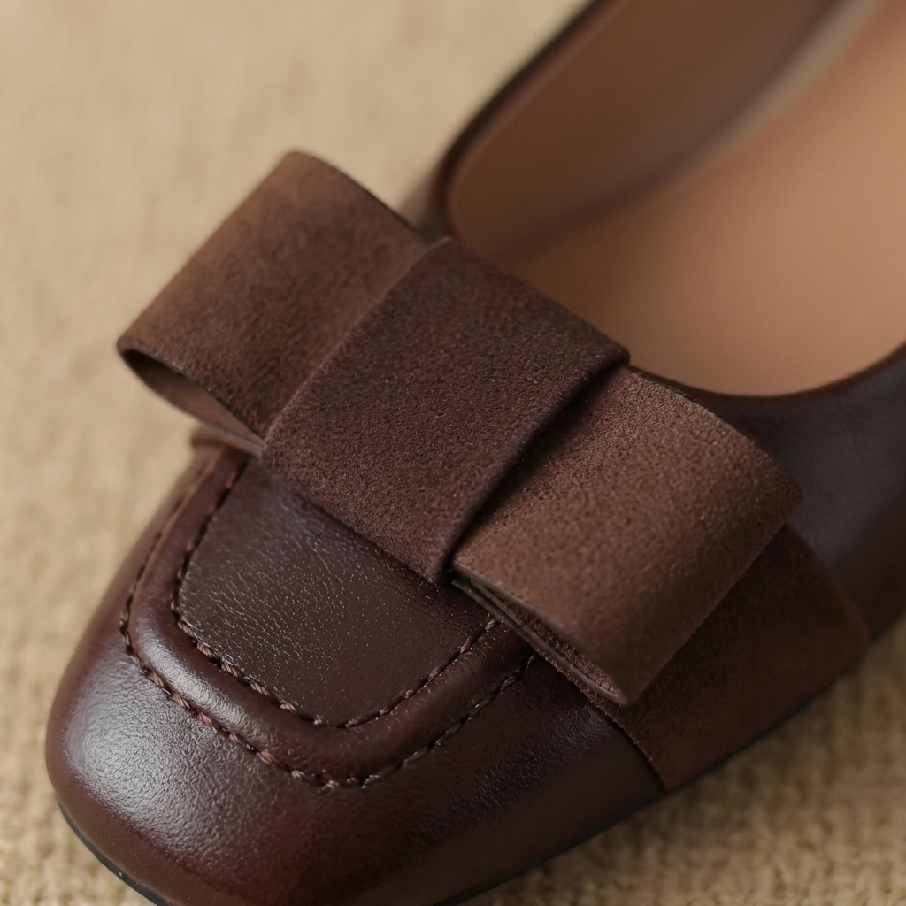 Camille Bow Leather Flats Chestnut