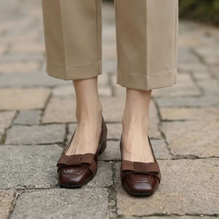 Camille Bow Leather Flats Chestnut