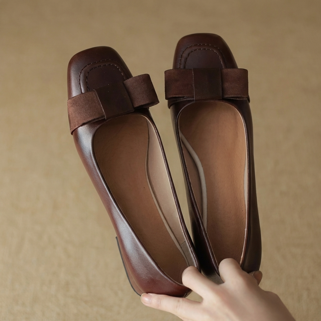 Camille Bow Leather Flats Deep Black