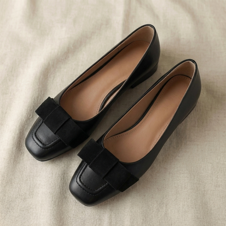 Camille Bow Leather Flats Deep Black