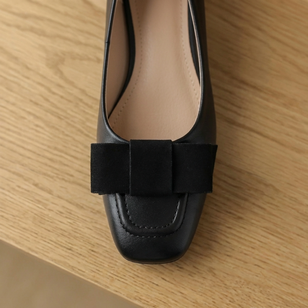 Camille Bow Leather Flats Deep Black