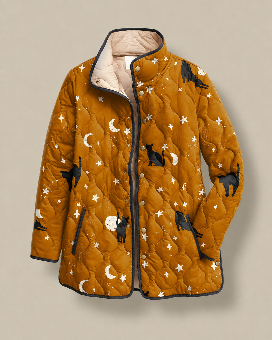 Maya | Black Quilted Jacket with Cat Pattern